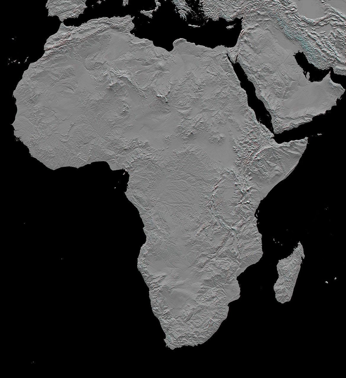 This stereoscopic shaded relief image from NASA's Shuttle Radar Topography Mission shows Africa's topography. Also shown are Madagascar, the Arabian Peninsula, and other adjacent regions. 3D glasses are necessary to view this image.
