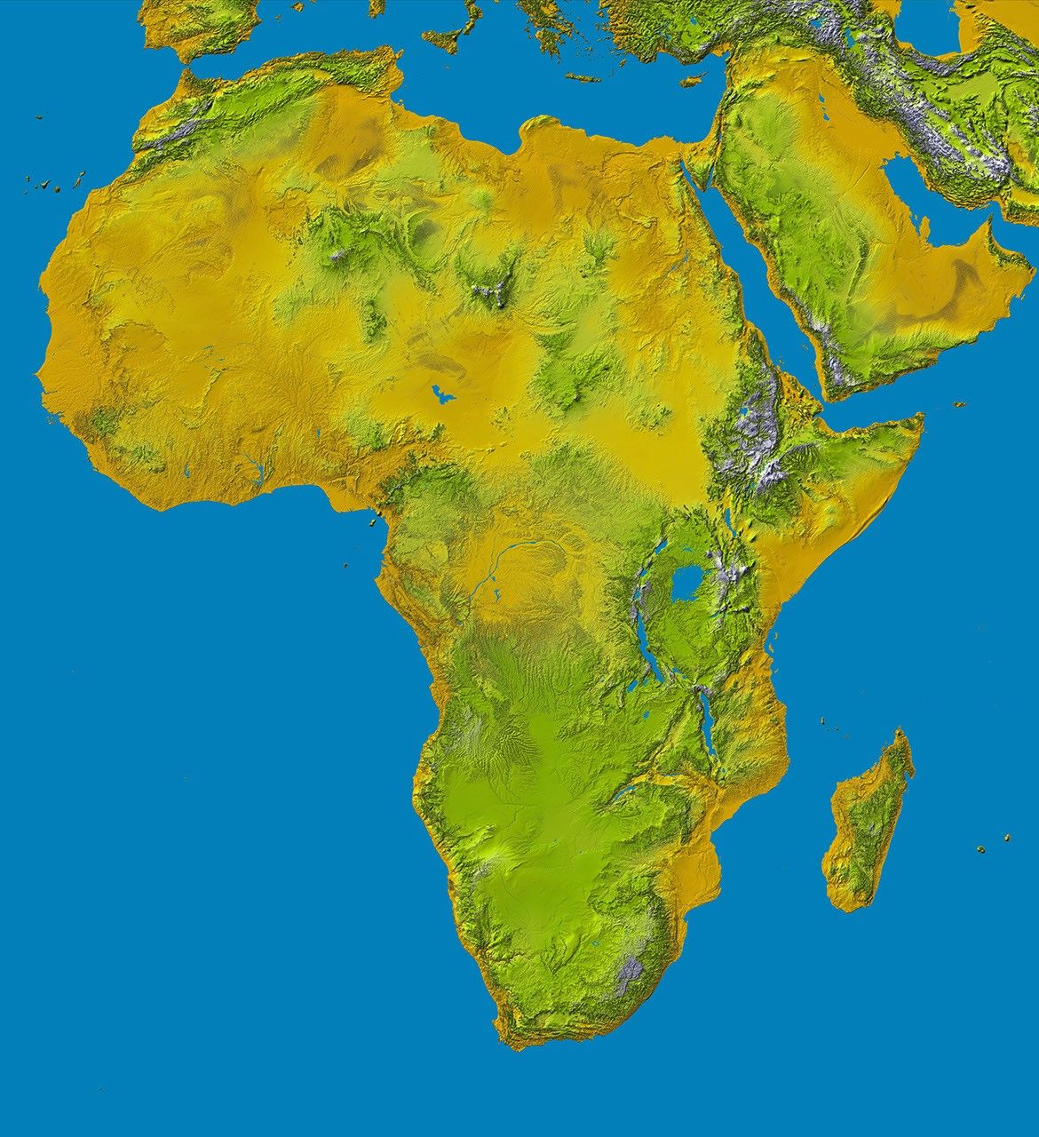 Elevation data at the highest possible resolution from NASA's SRTM mission in February 2000 are being released for the first time for most of the African continent. This color shaded relief image shows the extent of SRTM digital elevation data for Africa.