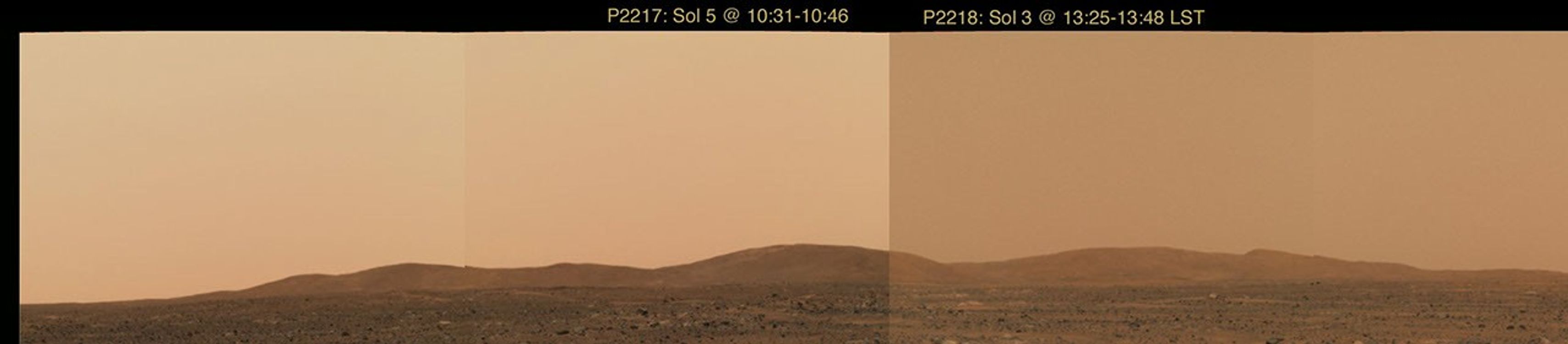 This image mosaic taken by NASA's Mars Exploration Rover Spirit's panoramic camera shows the hills southeast of Spirit's landing site. At left, the late morning martian hours, looking toward the Sun. At right, in early afternoon, when the Sun was higher.