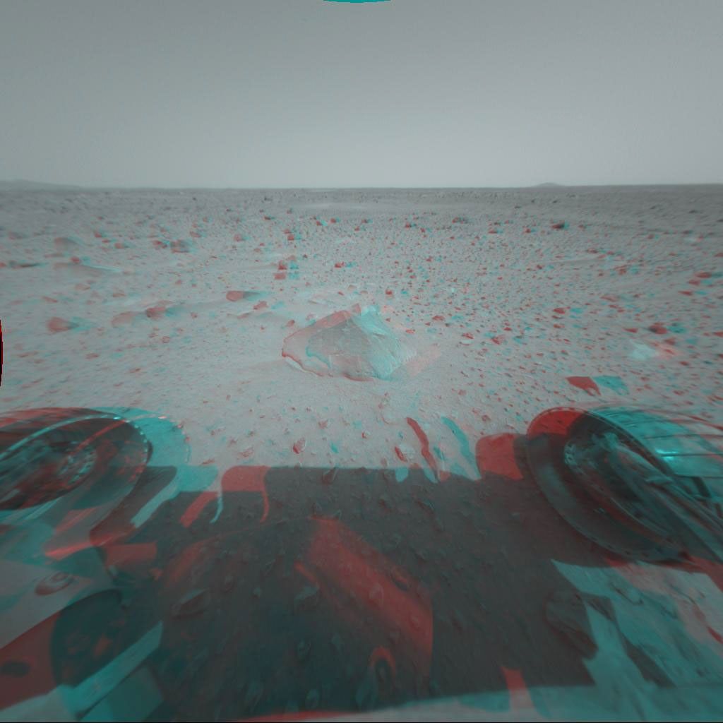 This 3-D stereo anaglyph image was taken by NASA's Mars Exploration Rover Spirit. 3D glasses are necessary to view this image.