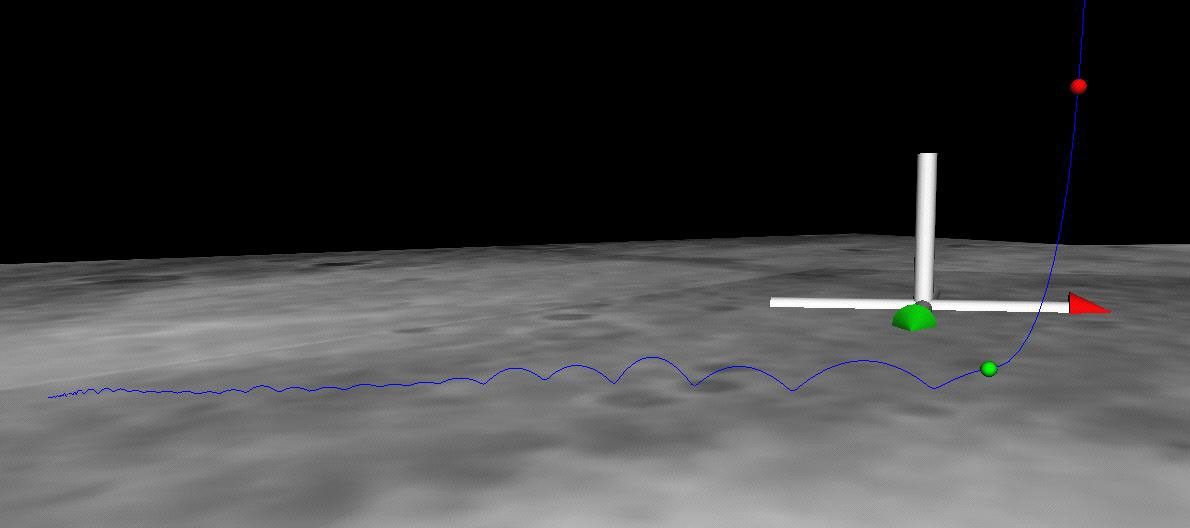 This image shows the path (blue line) taken by NASA's Mars Exploration Rover Spirit as it bounced down to its final resting spot in Gusev Crater, Mars.
