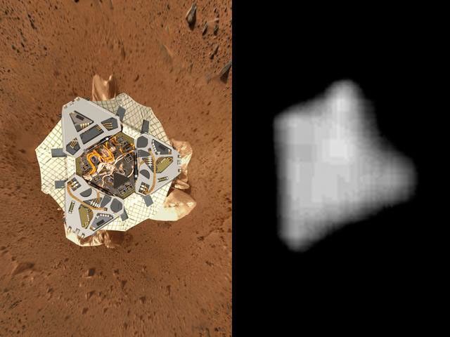 The image on the left is a computer-generated model of NASA's Mars Exploration Rover Spirit's lander at Gusev Crater. On right is an actual image of the lander on Mars taken Jan. 19, 2004, by the camera onboard NASA's Mars Global Surveyor.