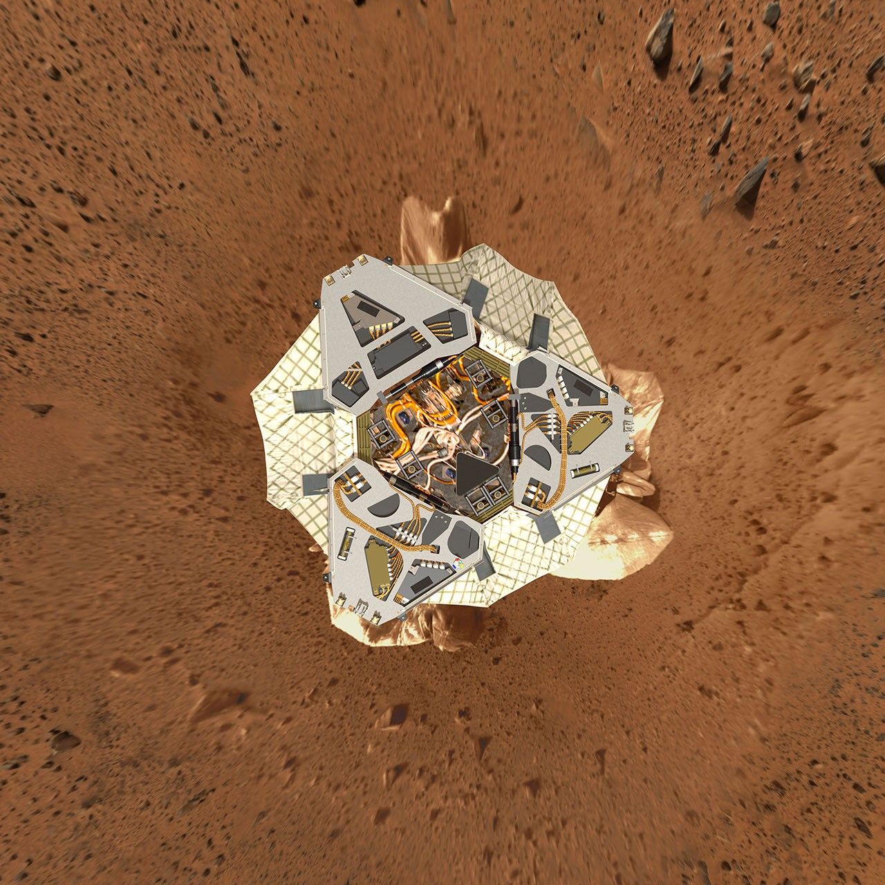 This high-resolution image shows a computer-generated model of Spirit's lander at Gusev Crater as engineers and scientists would have expected to see it from a perfect overhead view.