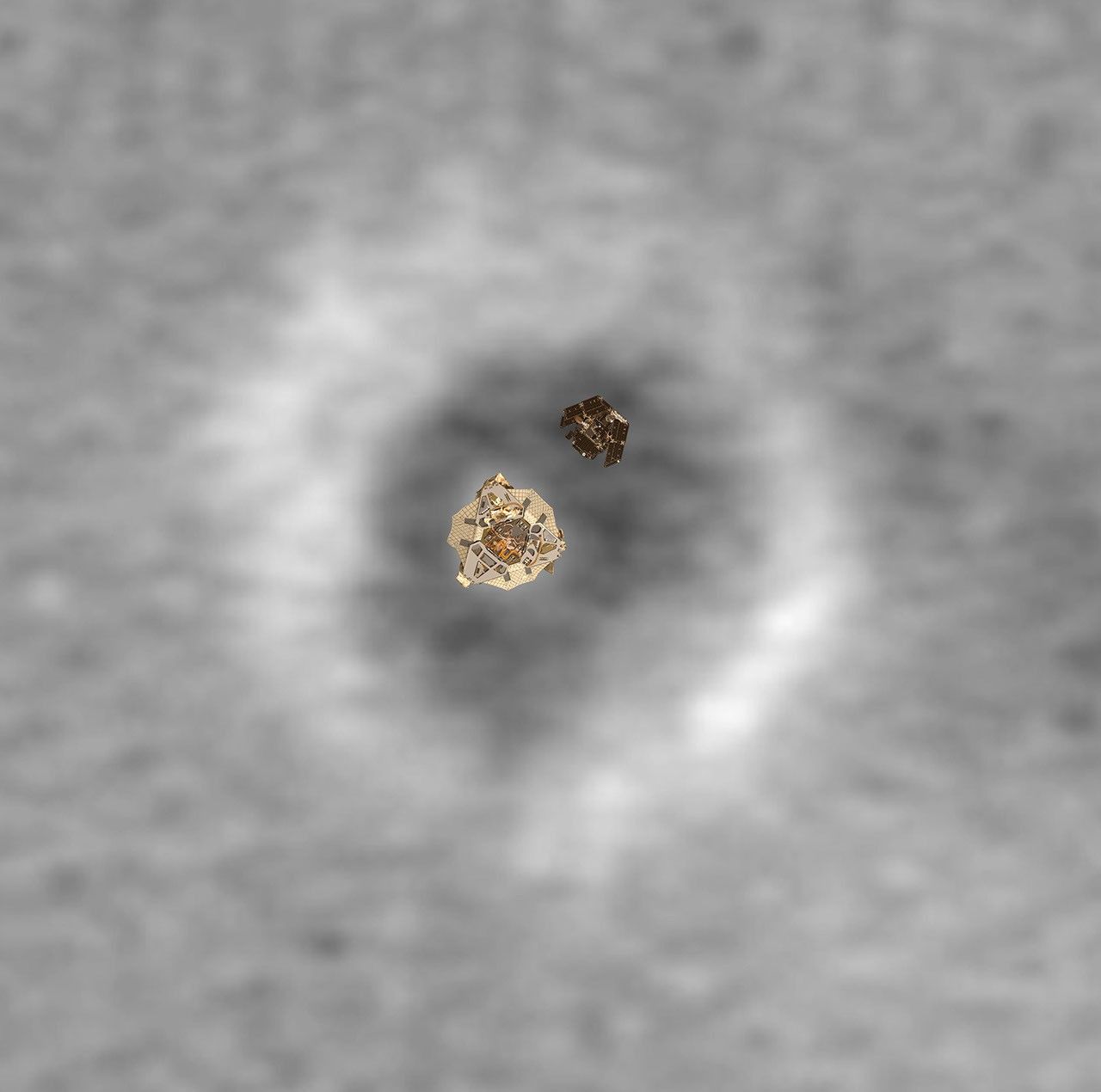 A computer graphics model of NASA's Opportunity lander and rover are super-imposed on top of the martian terrain where Opportunity landed.