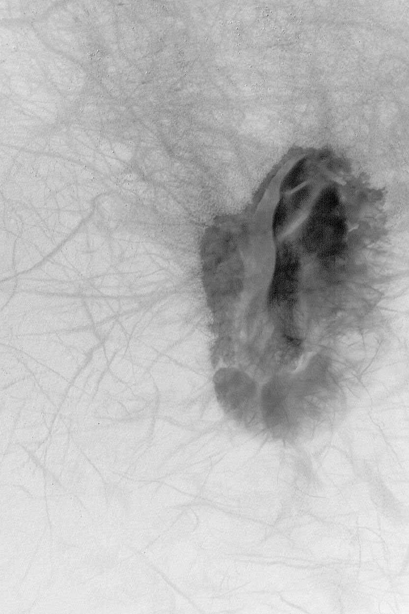 NASA's Mars Global Surveyor shows a dark sand dune patch that occurs on the floor of a southern hemisphere crater on Mars. Passing dust devils have disrupted the fine, bright dust that coats the surrounding terrain, leaving wildly-varied streak patterns.