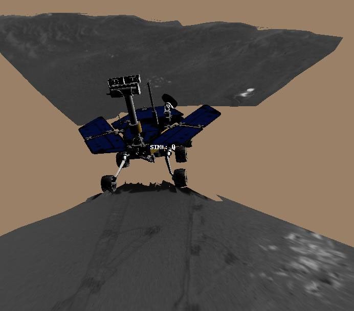This image is a screenshot from a computer-generated animation showing NASA's Mars Exploration Rover Opportunity trenching a hole in the sandy soil at Meridiani Planum, Mars.