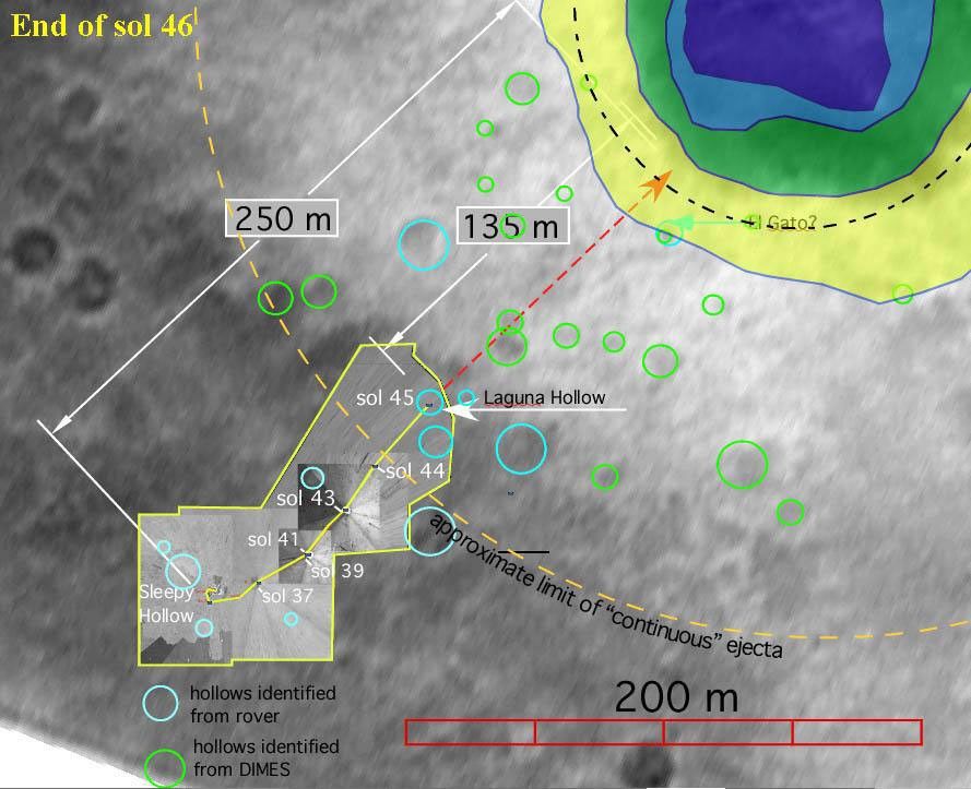 This map shows NASA's Mars Exploration Rover Spirit's travels since arriving on the red planet Jan. 3, 2004. Data within the yellow box represent a digital map made of images taken by rover's panoramic and navigation cameras.