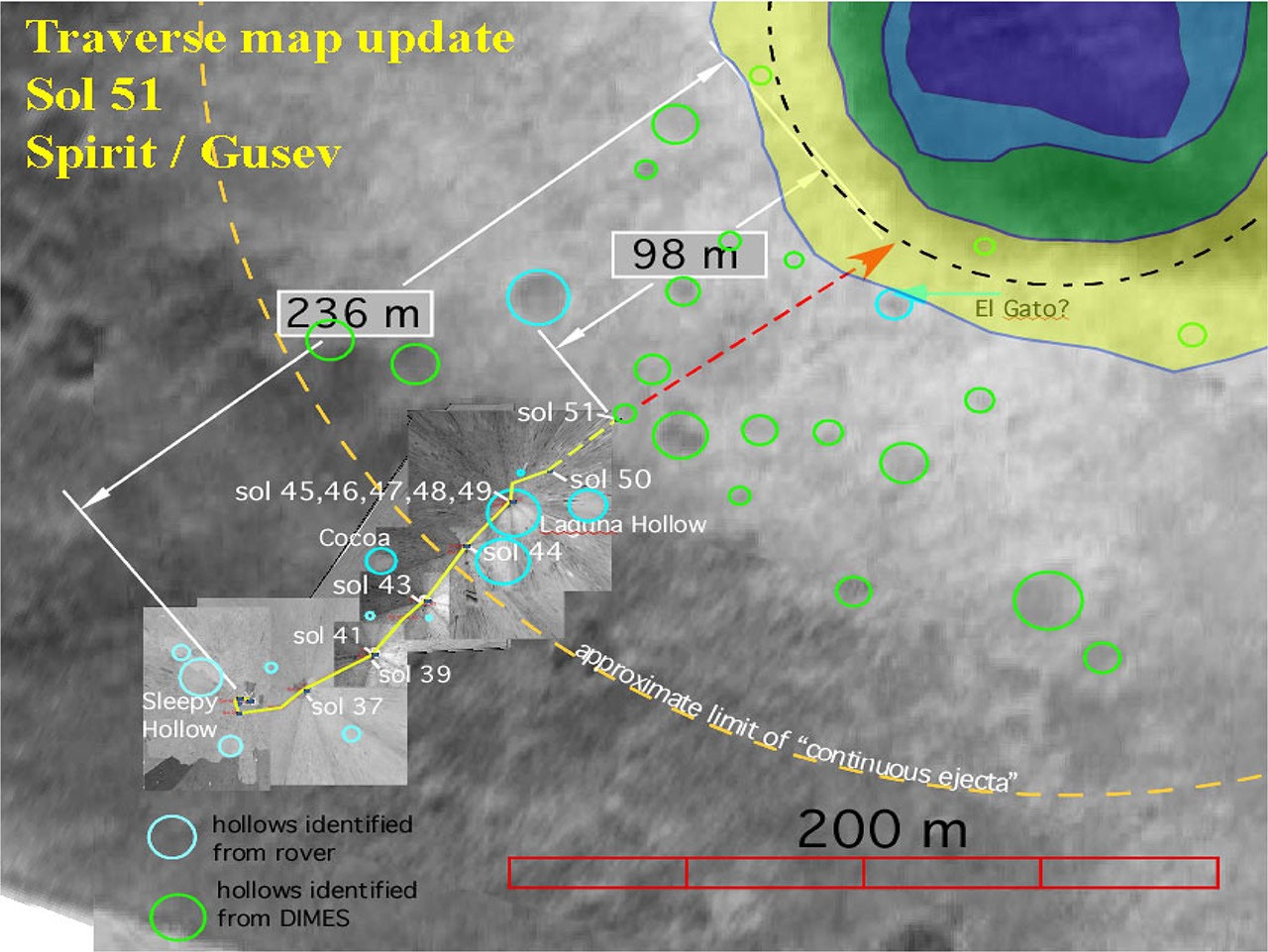 This map shows NASA's Mars Exploration Rover Spirit's travels since arriving on the red planet Jan. 3, 2004 PST. Spirit was on its way to a large crater nicknamed 'Bonneville.'