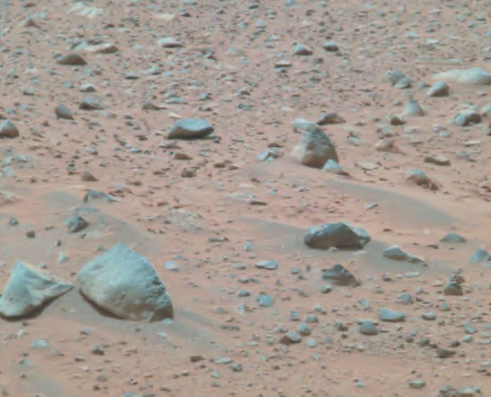 NASA's Mars Exploration Rover Spirit's shows the windblown waves of soil that characterize the rocky surface of Gusev Crater, Mars. Ripples are shaped by gentle winds that deposit coarse grains on the tops or crests of the waves.