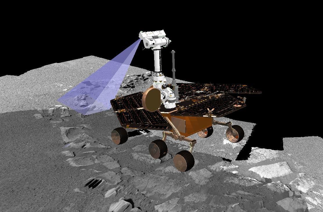 This is a screenshot from a computer-generated visualization tool used by NASA's Mars Exploration Rover Opportunity scientists to find the rover's best position for observing a target dubbed 'Last Chance' layered rock, on the far east end of the outcrop.