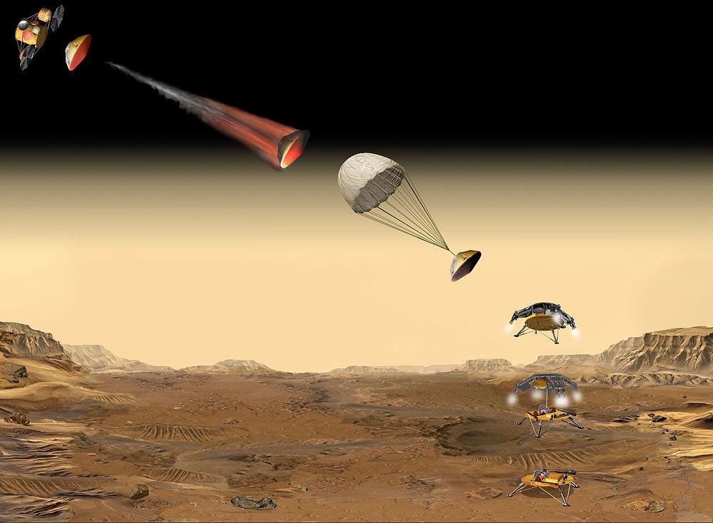 This artist's concept of the proposed NASA Mars Sample Return mission shows the entry, descent and landing sequence the lander would undergo on its way to Mars.