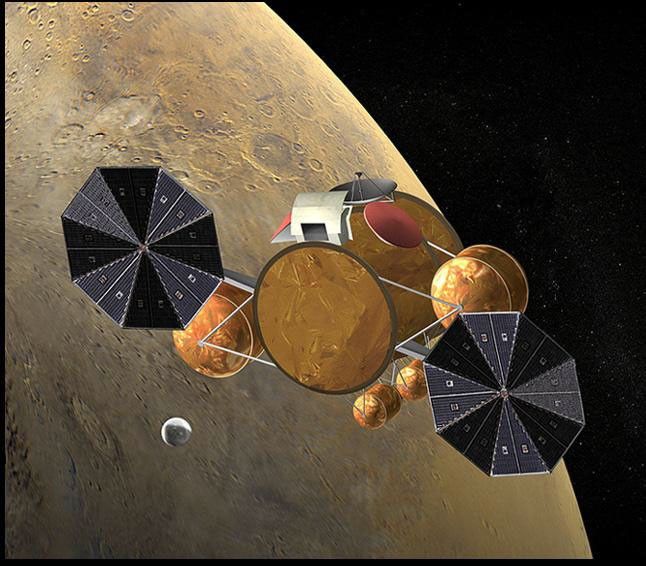 This artist's concept of the proposed NASA Mars Sample Return mission shows rendezvous of the orbiting sample container with the Earth return vehicle.