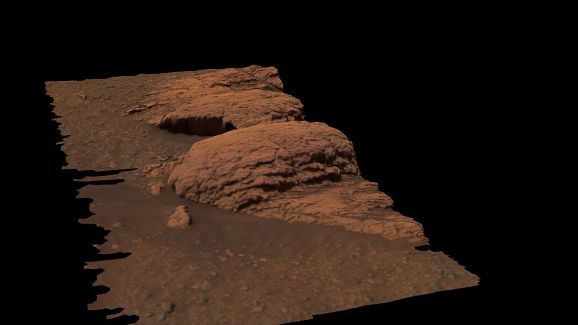 This 3-dimensional model shows a region of the outcrop near NASA's Mars Exploration Rover Opportunity's landing site dubbed 'Last Chance.' The model was created with images taken by the rover's panoramic camera.