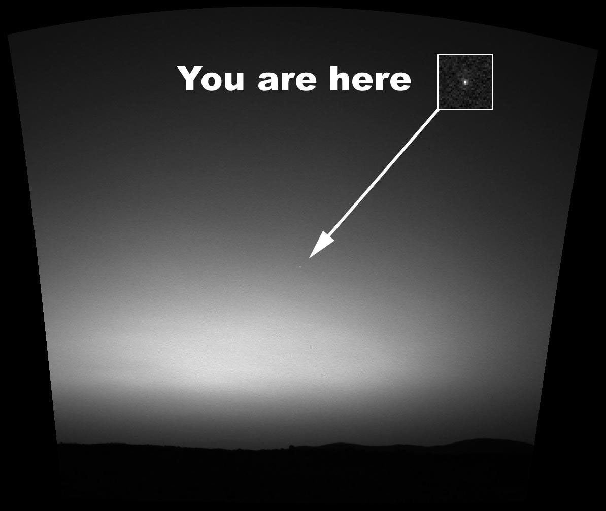 This is the first image ever taken of Earth from the surface of a planet beyond the Moon. It was taken by the Mars Exploration Rover Spirit one hour before sunrise on the 63rd martian day, or sol, of its mission.
