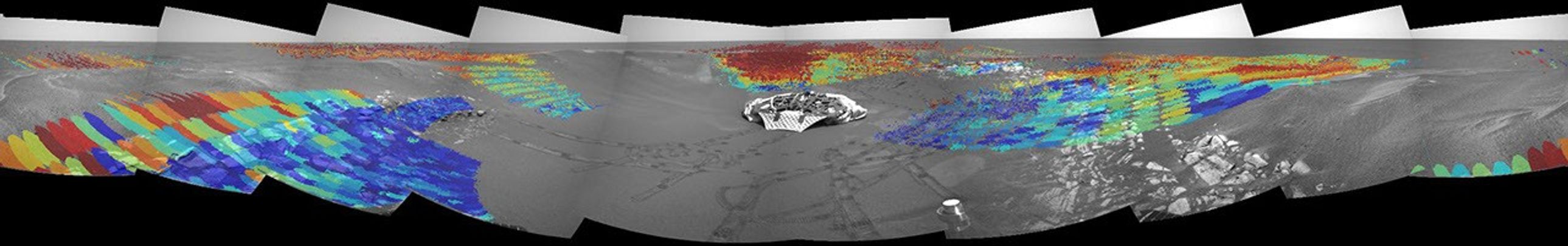 These maps, acquired from NASA's Mars Exploration Rover Opportunity prior to the rover's roll-off, show the five locations the rover visited along the Meridiani Planum rock outcrop (dubbed 'Alpha,' 'Bravo,' 'Charlie,' Delta,' and 'Echo').