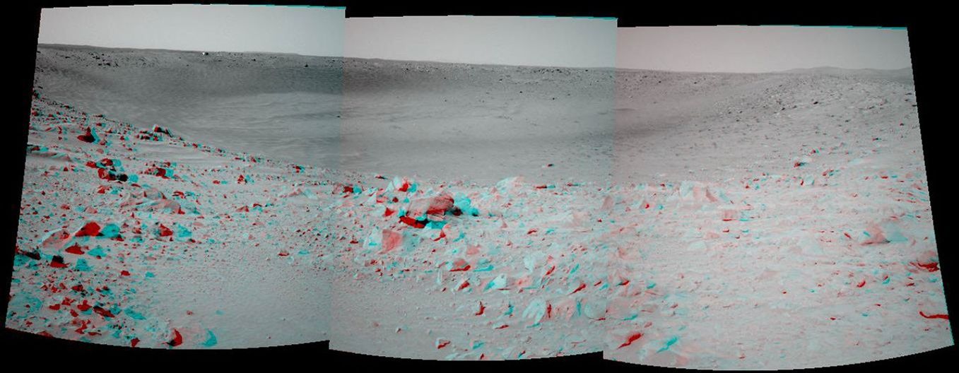 NASA's Mars Exploration Rover Spirit took this 3-D navigation camera mosaic of the crater called 'Bonneville.' 3D glasses are necessary to view this image.