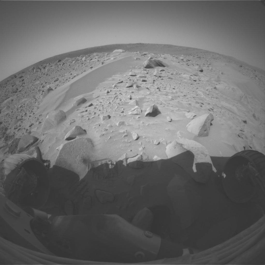 A drift dubbed 'Serpent' stretches in front of NASA's Mars Exploration Rover Spirit in this image taken on March 15, 2004 while exploring the rim of the crater nicknamed 'Bonneville.'