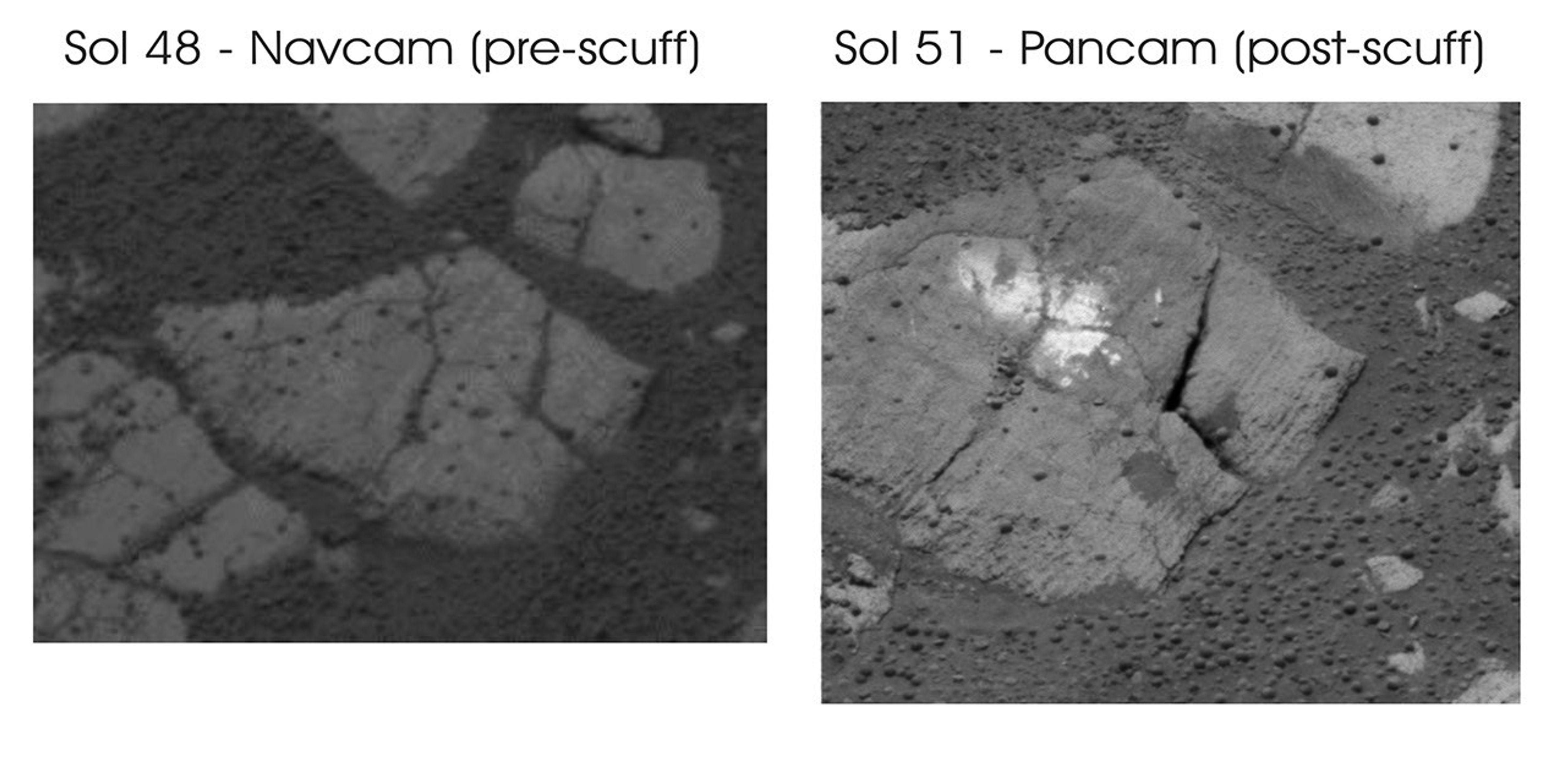 Dubbed 'Carousel,' the rock in this image was the target of NASA's Mars Exploration Rover Opportunity science team's outcrop 'scuff test.' Left shows the rock pre-scuff. Opportunity slowly rotated its left front wheel on the rock, abrading it.