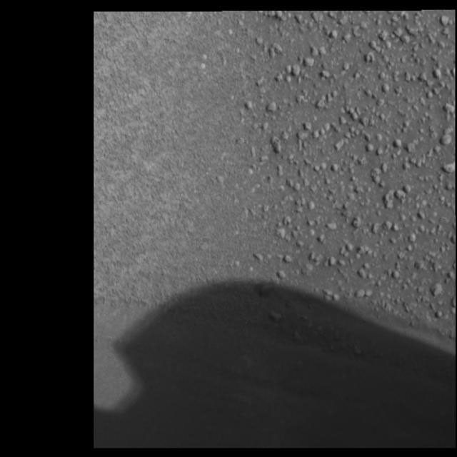 This image of 'Neopolitan' from NASA's Mars Exploration Rover Opportunity's 'Eagle Crater' soil survey highlights the border between two different soil types, a lighter, finer-grained unit to the left and a darker, coarser-grained to the right.