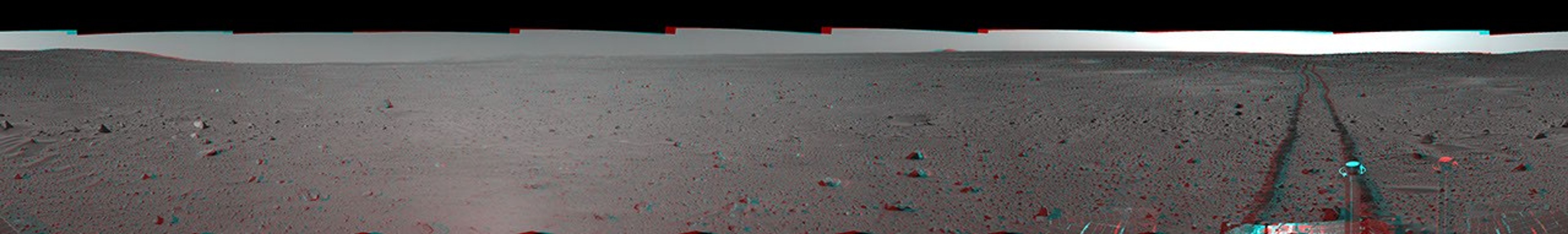 This 3-D cylindrical-perspective mosaic was created from navigation camera images that NASA's Mars Exploration Rover Spirit captured on on sol 100. 3D glasses are necessary to view this image.