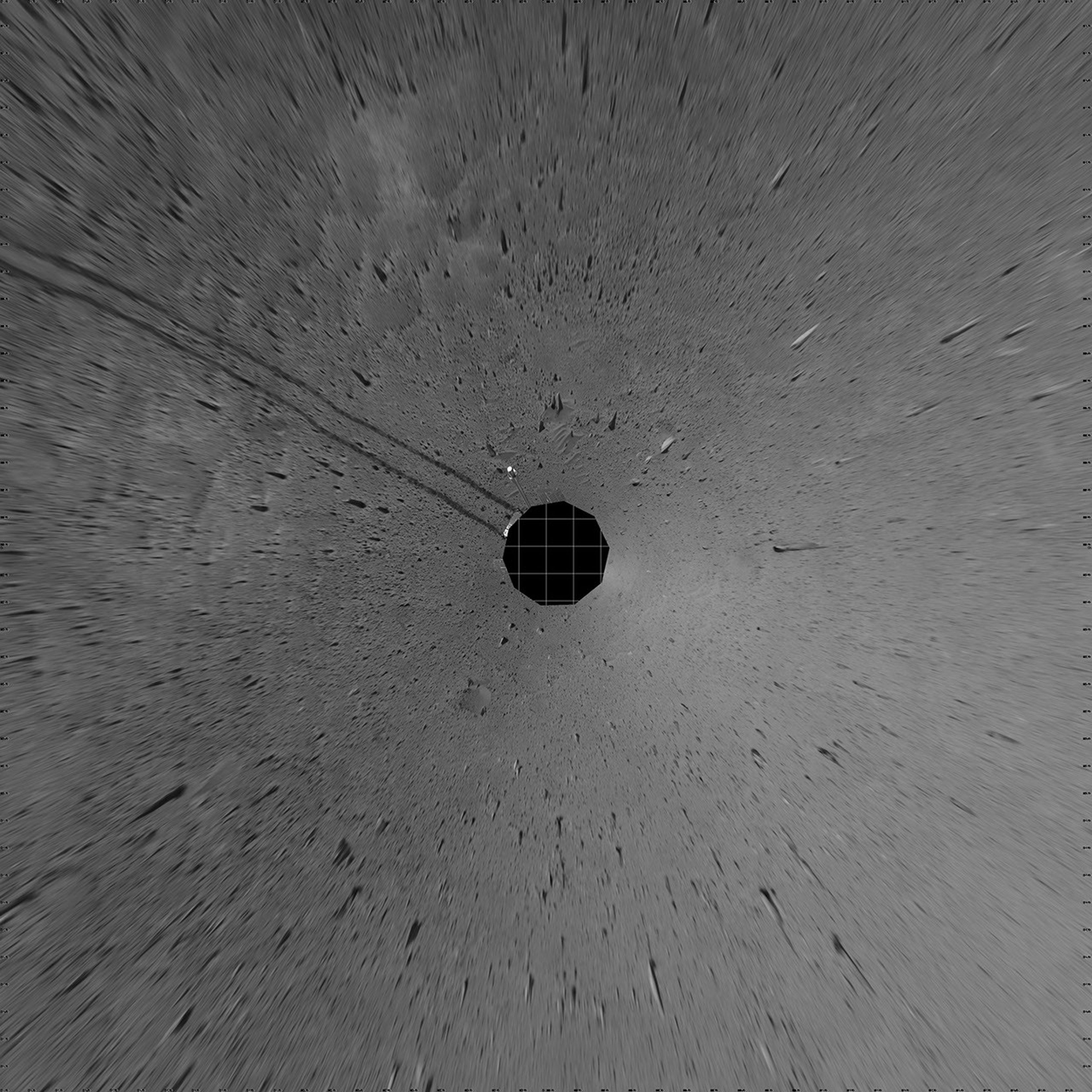 This vertical-projection mosaic was created from navigation camera images that NASA's Mars Exploration Rover Spirit acquired on sol 100 (April 14, 2004). It reveals Spirit's view after a century of sols on the martian surface.