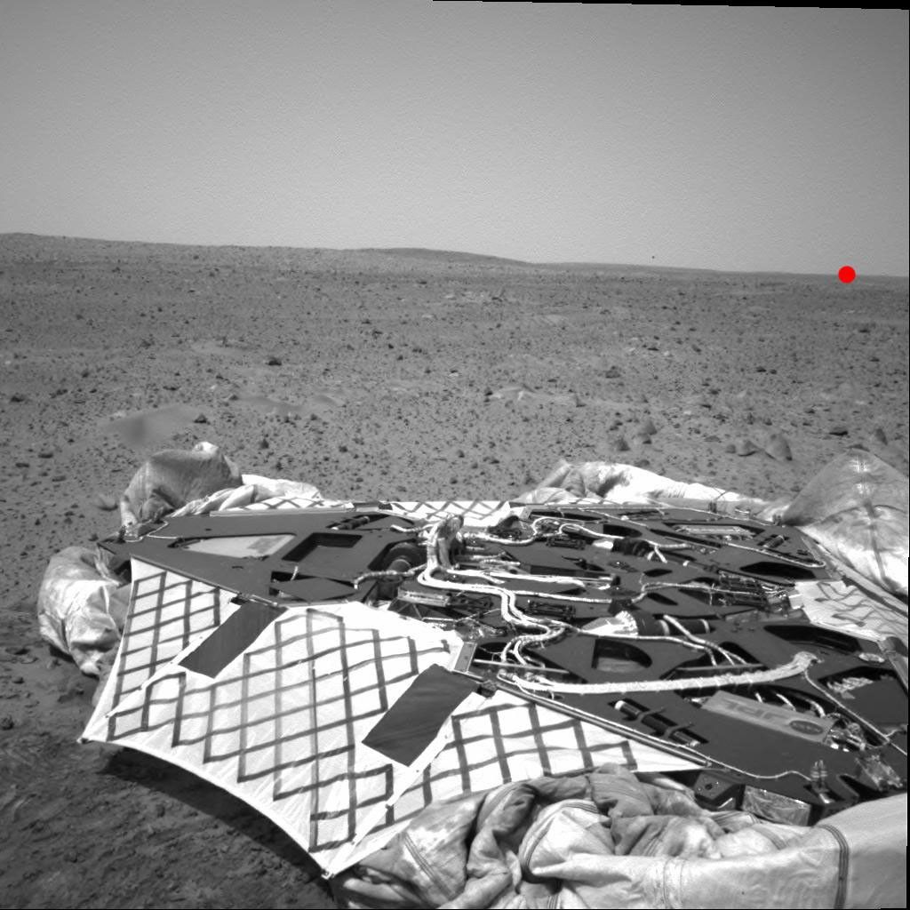 NASA's Mars Exploration Rover Spirit took this navigation camera image on sol 33 (February 5, 2004). In the foreground is the lander, and the untouched surface of Mars lies beyond.