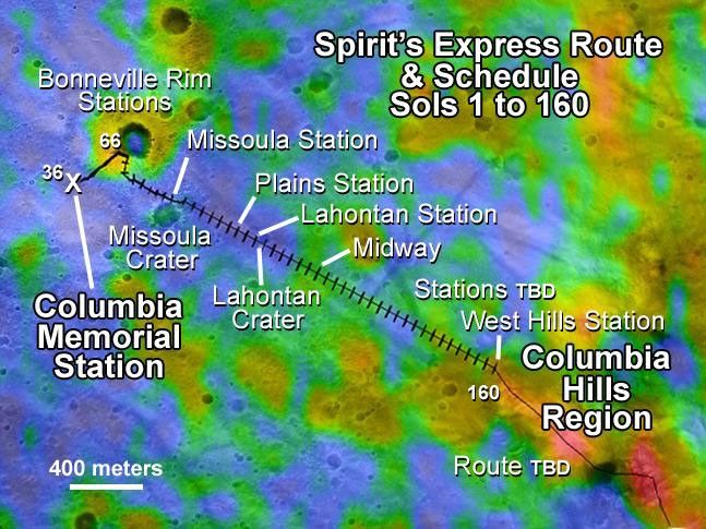 This map illustrates NASA's Mars Exploration Rover Spirit's position as of April 26, 2004, near the crater called 'Missoula.' Like a train on a tight schedule, Spirit made regular stops along the way to its ultimate destination, the 'Columbia Hills.'