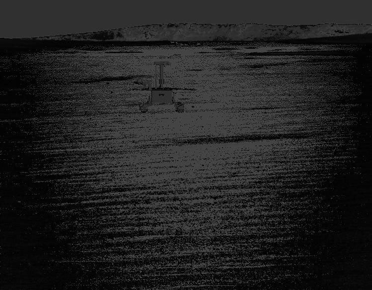 Animation software used by engineers for planning rover drives portrays the location of NASA's Mars Exploration Rover Opportunity on April 26, 2004, at the successful completion of 90 sols of operating on Mars.