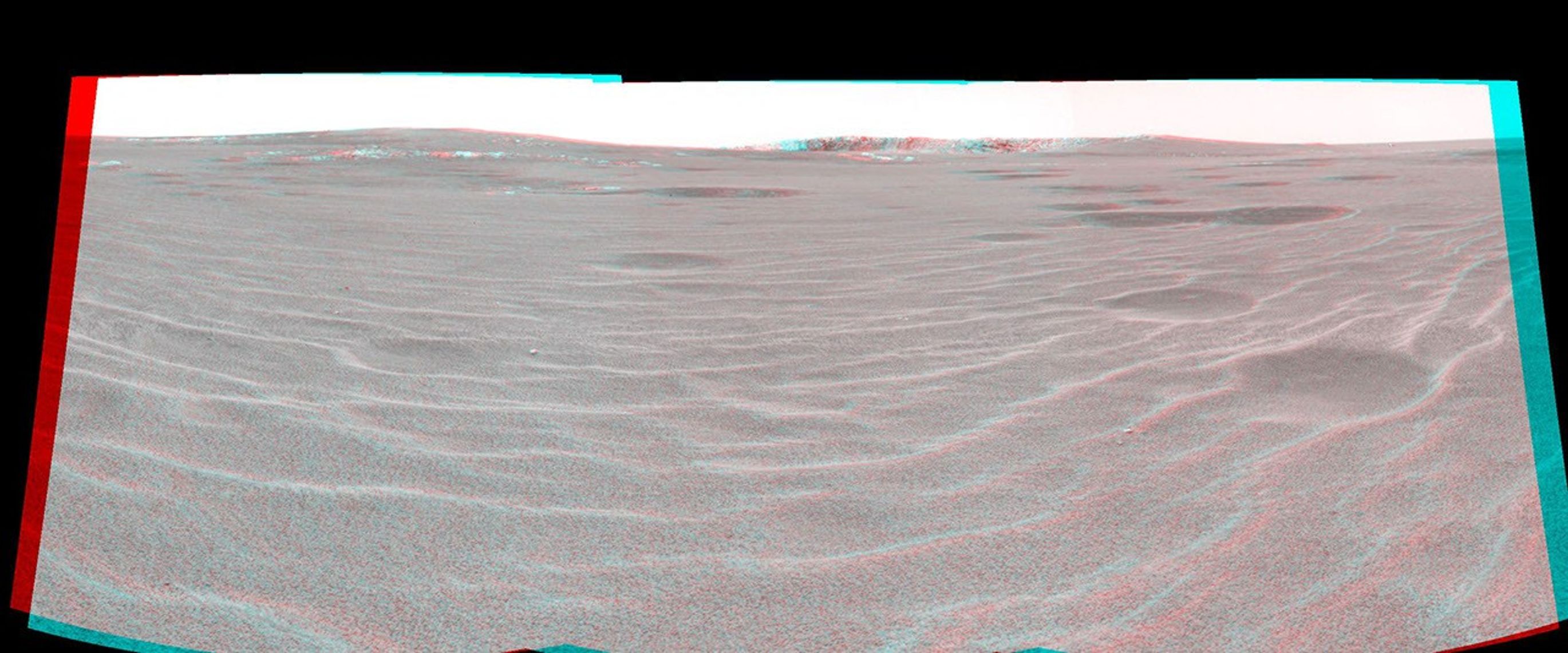 This 3-D cylindrical projection was taken by NASA's Mars Exploration Rover Opportunity on April 28, 2004. On that sol, Opportunity sat on the rippled dunes a ways from the rim of 'Endurance Crater.'