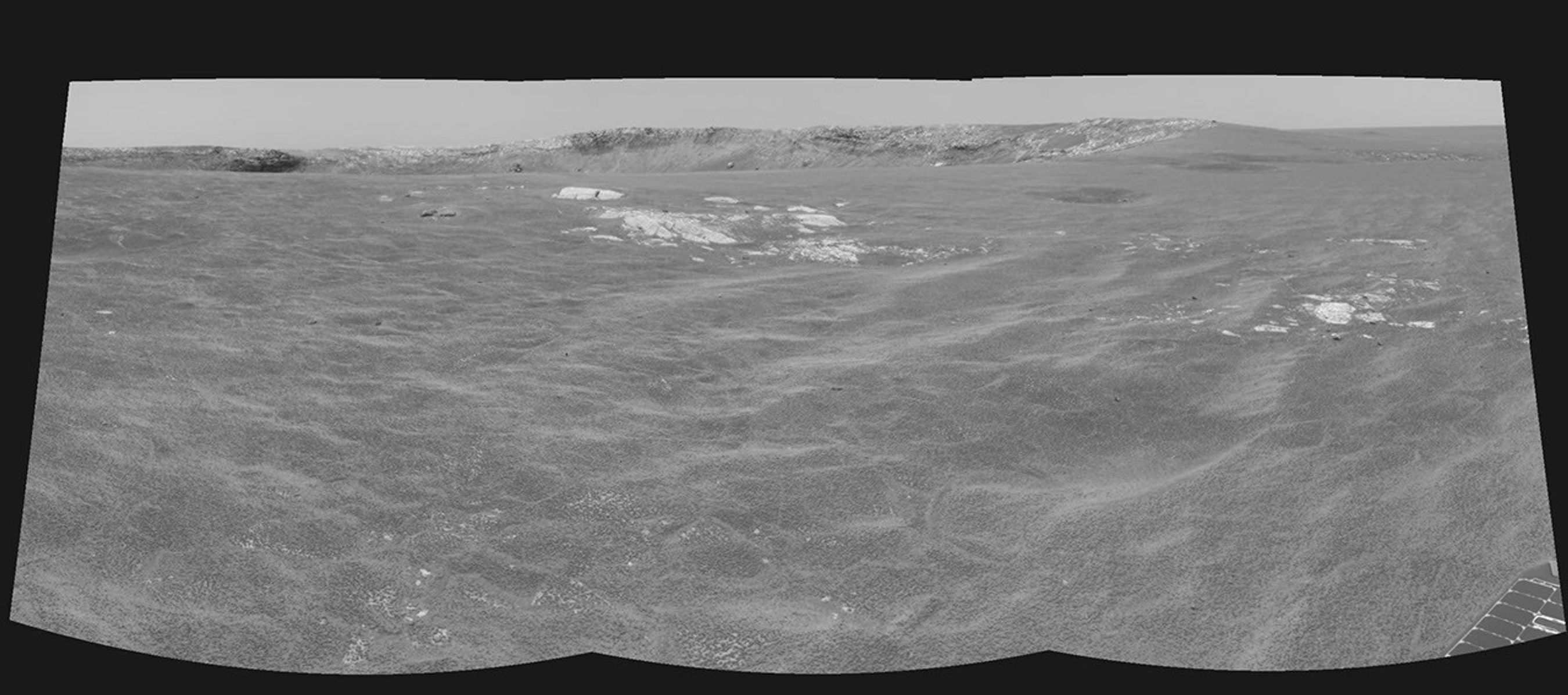This image from NASA's Mars Rover Opportunity shows the rover's view of Meridiani Planum as it headed to Endurance Crater on Mars.