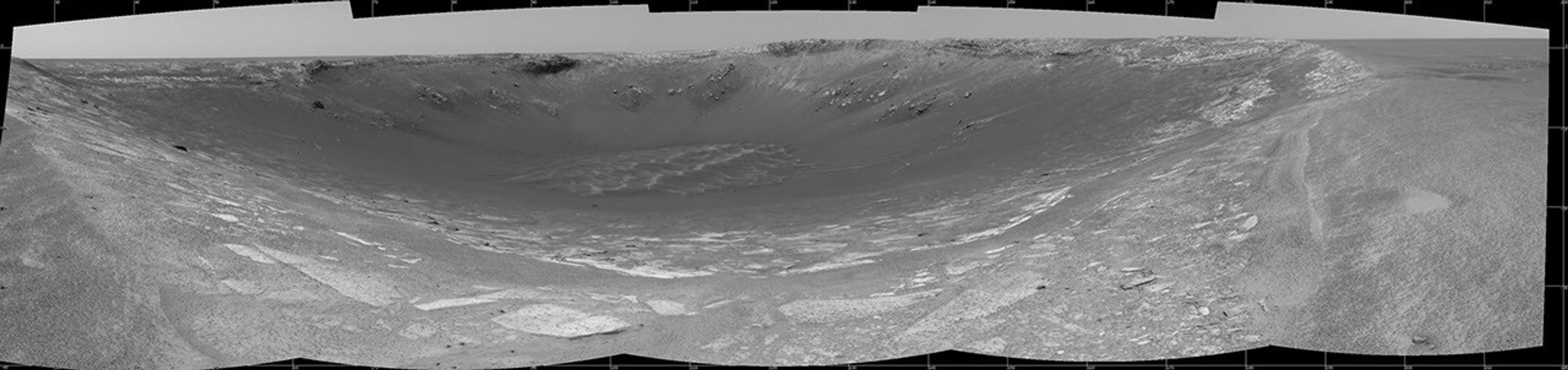 This 180-degree view from the navigation camera on NASA's Mars Exploration Rover Opportunity was its first look inside 'Endurance Crater.'