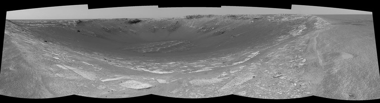 This 180-degree view from the navigation camera on NASA's Mars Exploration Rover Opportunity was its first look inside 'Endurance Crater.'