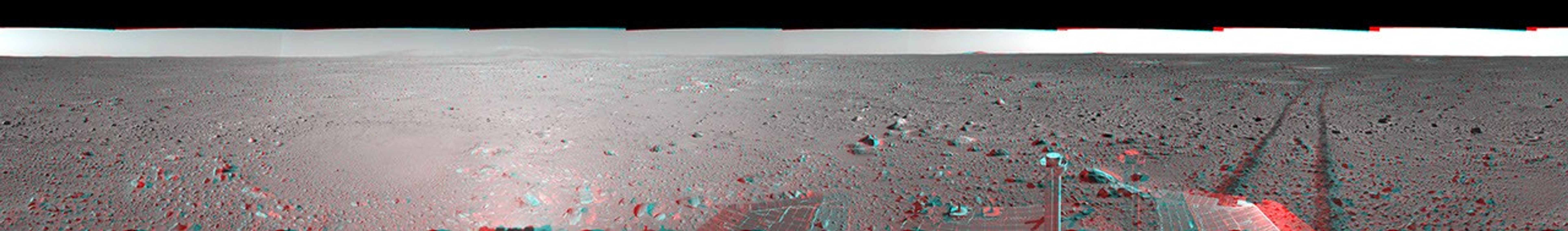 This 3-D cylindrical-perspective mosaic was created from navigation camera images that NASA's Mars Exploration Rover Spirit captured on on sol 123. 3D glasses are necessary to view this image.