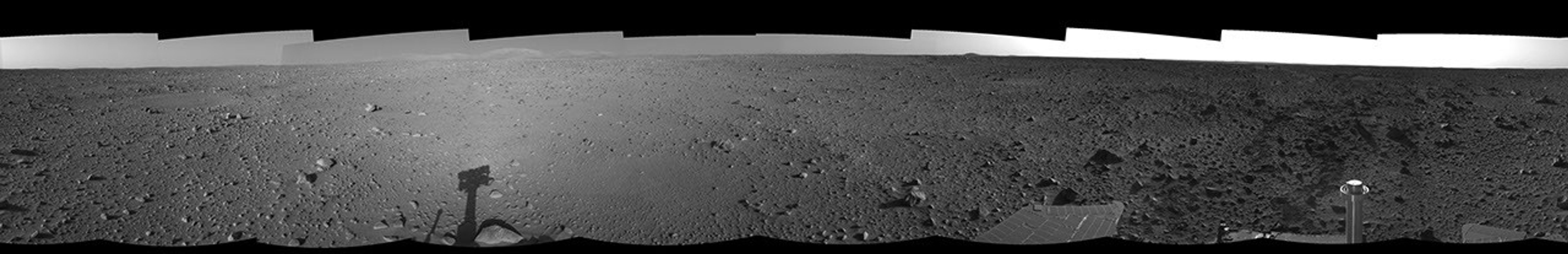 This right-eye mosaic was created from images that NASA's Mars Exploration Rover Spirit acquired May 8, 2004.The rover was on its way to the 'Columbia Hills,' which can be seen on the horizon.