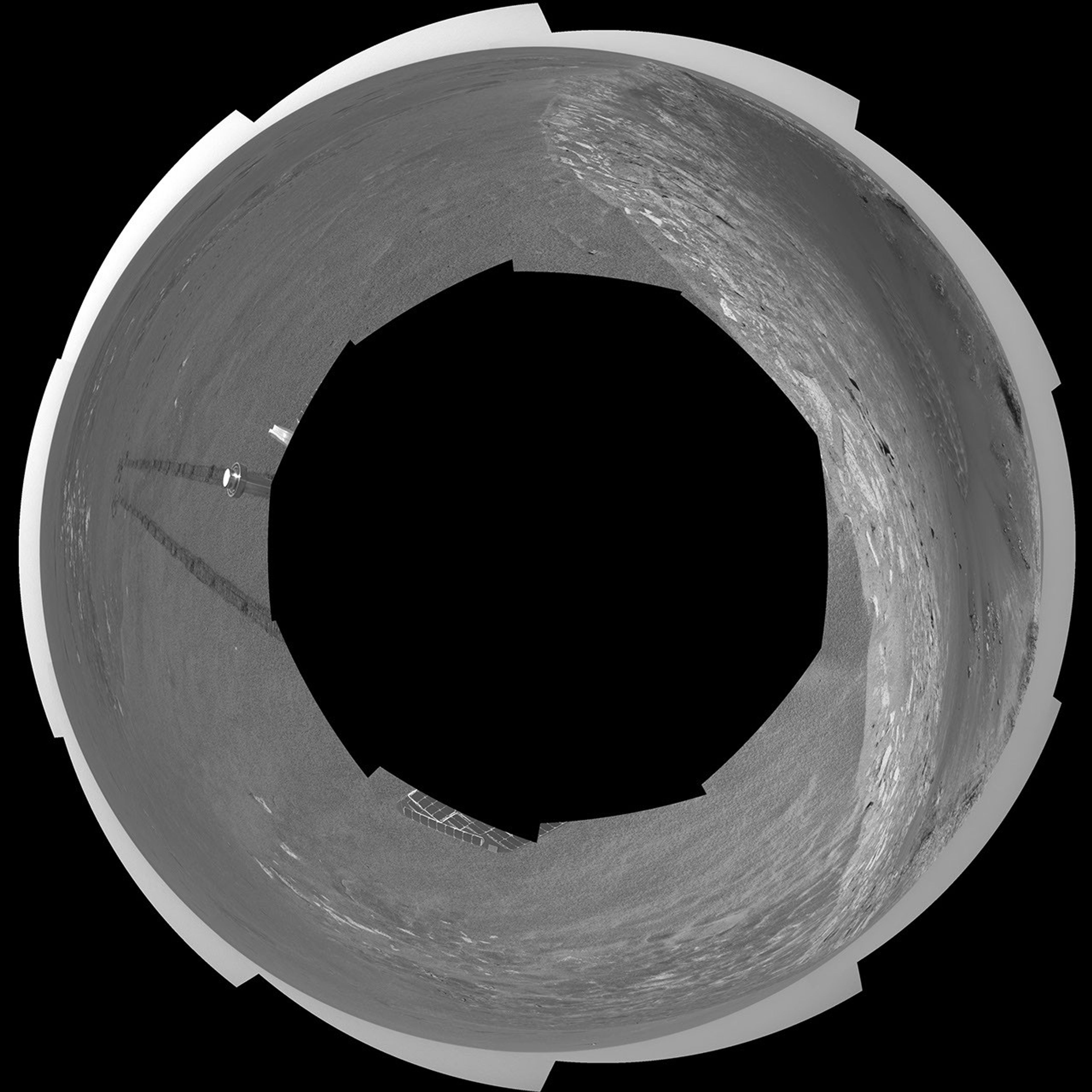 This polar projection view shows NASA's Mars Exploration Rover Opportunity along the eastern rim of 'Endurance Crater' before reaching the beginning of the 'Karatepe' area on Mars.