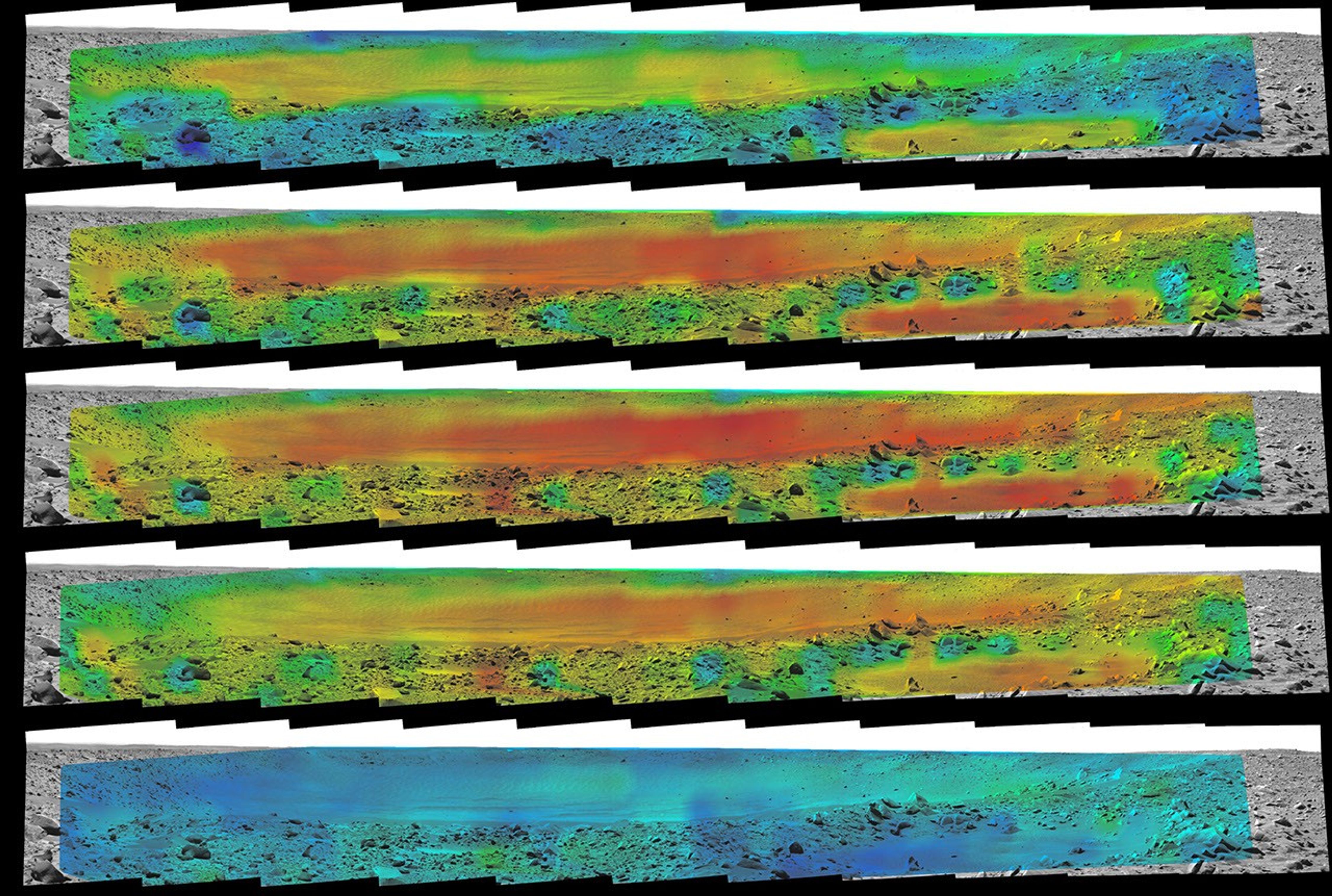 Temperature information from the miniature thermal emission spectrometer on NASA's Mars Exploration Rover Spirit is overlaid onto a view of the site from Spirit's panoramic camera indicating rates of change in surface temperatures during a martian day.