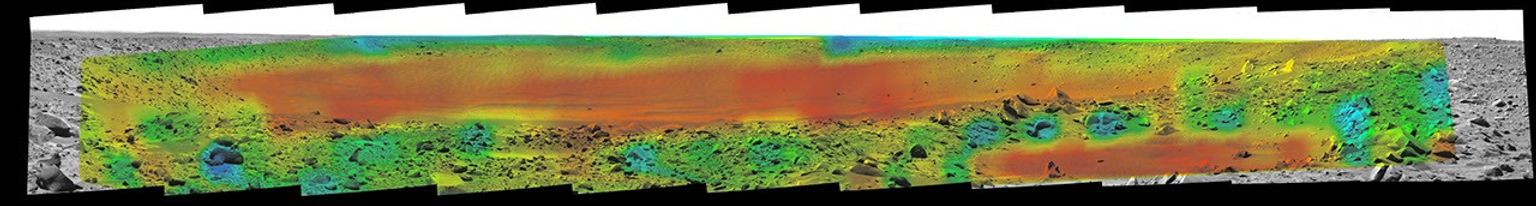 Temperature information from the miniature thermal emission spectrometer on NASA's Mars Exploration Rover Spirit is overlaid onto a view of the site from Spirit's panoramic camera indicating rates of change in surface temperatures during a martian day.