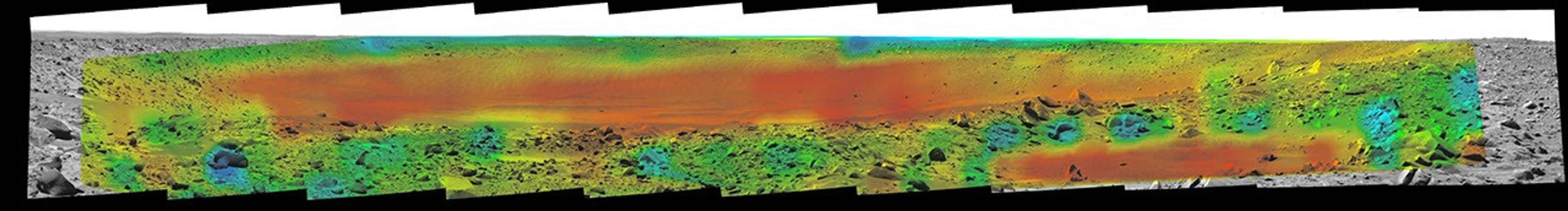 Temperature information from the miniature thermal emission spectrometer on NASA's Mars Exploration Rover Spirit is overlaid onto a view of the site from Spirit's panoramic camera indicating rates of change in surface temperatures during a martian day.