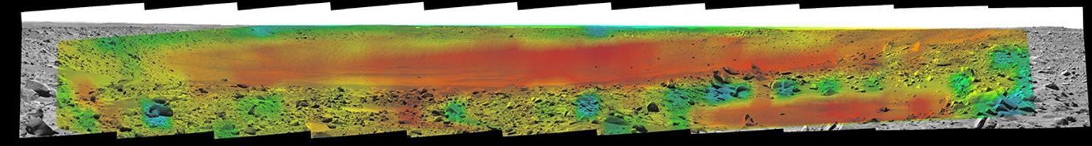 Rates of change in surface temperatures during a martian day indicate differences in particle size in and near 'Bonneville Crater' as shown in this image from NASA's Mars Exploration Rover (MER) taken in 2004.