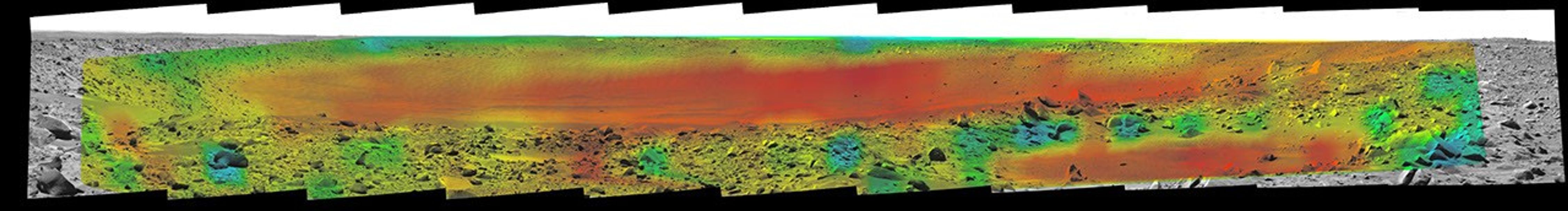 Rates of change in surface temperatures during a martian day indicate differences in particle size in and near 'Bonneville Crater' as shown in this image from NASA's Mars Exploration Rover (MER) taken in 2004.