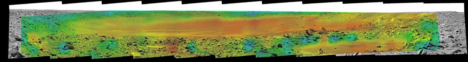 Temperature information from the miniature thermal emission spectrometer on NASA's Mars Exploration Rover Spirit is overlaid onto a view of the site from Spirit's panoramic camera indicating rates of change in surface temperatures during a martian day.