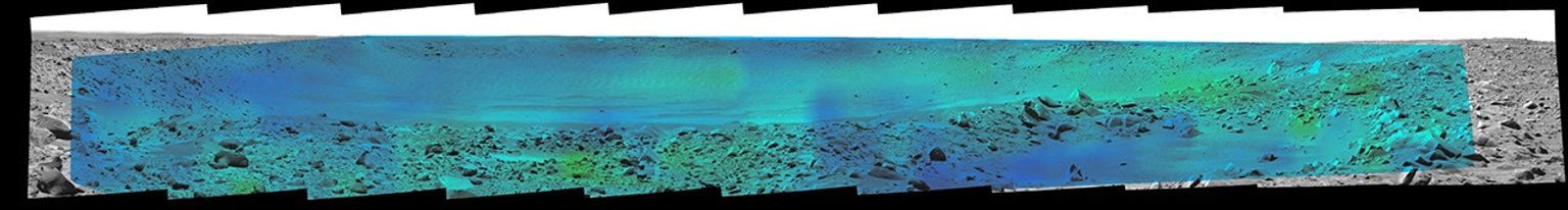 Temperature information from the miniature thermal emission spectrometer on NASA's Mars Exploration Rover Spirit is overlaid onto a view of the site from Spirit's panoramic camera indicating rates of change in surface temperatures during a martian day.