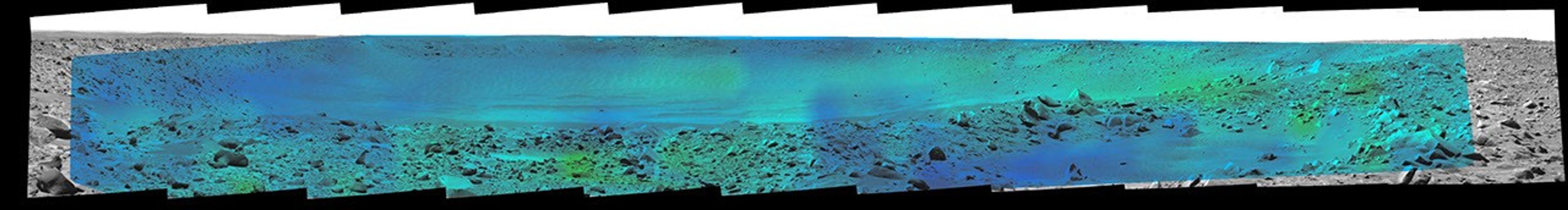 Temperature information from the miniature thermal emission spectrometer on NASA's Mars Exploration Rover Spirit is overlaid onto a view of the site from Spirit's panoramic camera indicating rates of change in surface temperatures during a martian day.