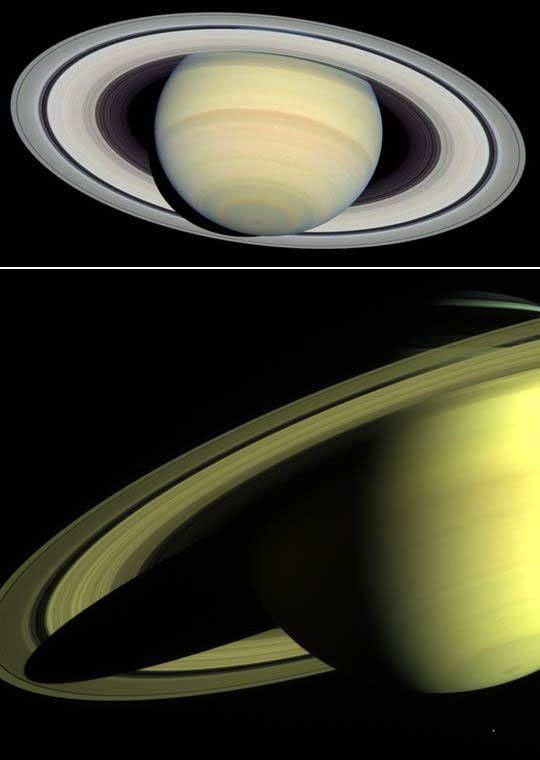 These images are from NASA's Hubble Space Telescope, taken March 22 (top) and May 16, 2004, of Saturn's displays its familiar banded structure, with haze and clouds at various altitudes.