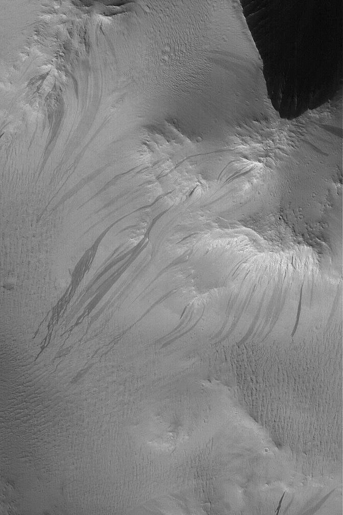 NASA's Mars Global Surveyor shows dark slope streaks coming off of rugged hills in the Lycus Sulci region, north of the Olympus Mons volcano on Mars.