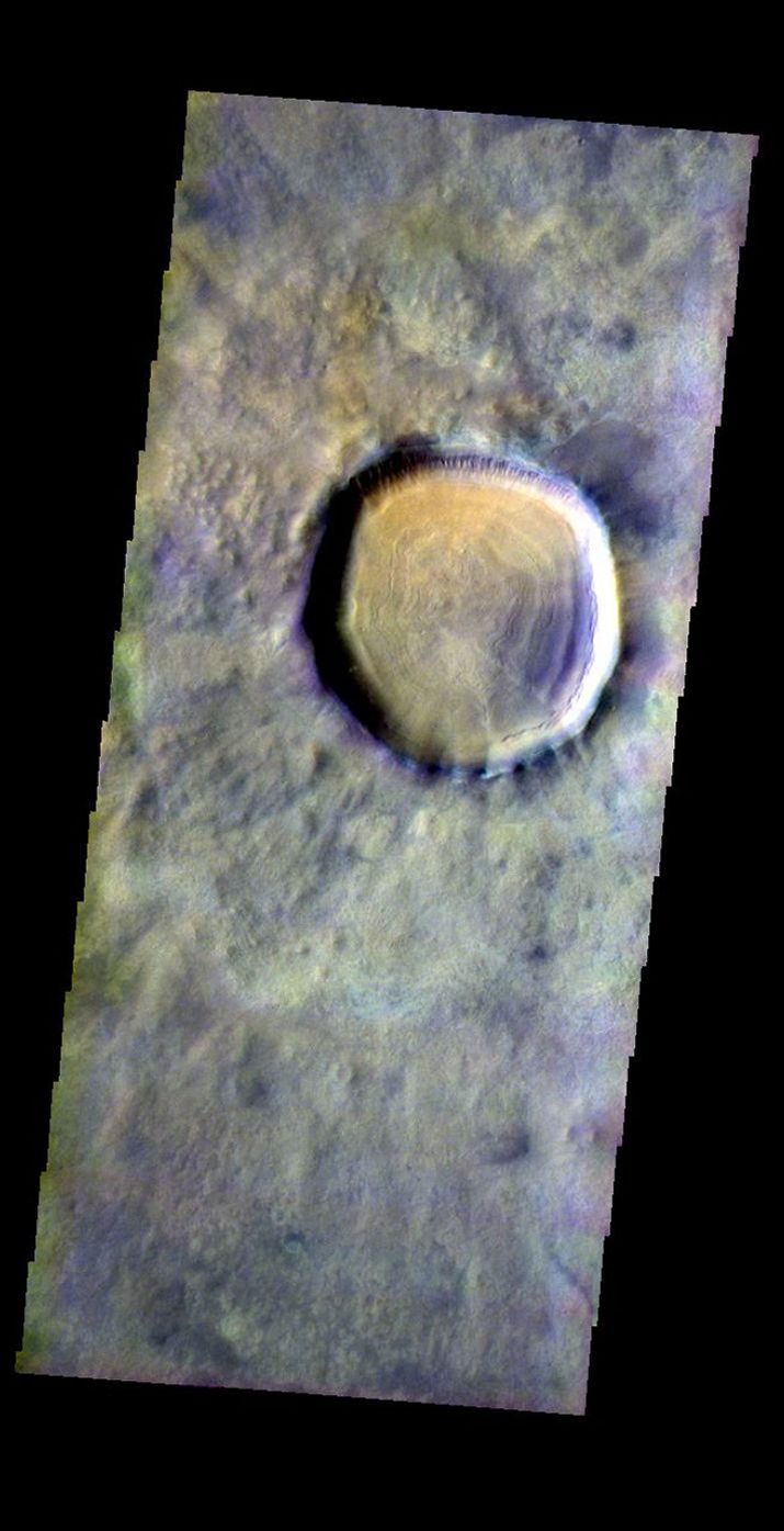 This false-color image released on May 24, 2004 from NASA's 2001 Mars Odyssey of a crater in Acidalia Planitia on Mars was acquired Sept. 29, 2002, during northern spring.