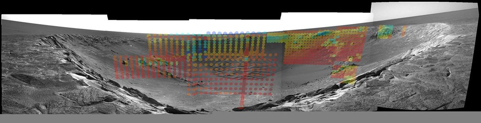 The colored dots in this image mosaic NASA's Mars Exploration Rover Opportunity denote thermal data in features that make up the impact crater known as 'Endurance' on Mars.