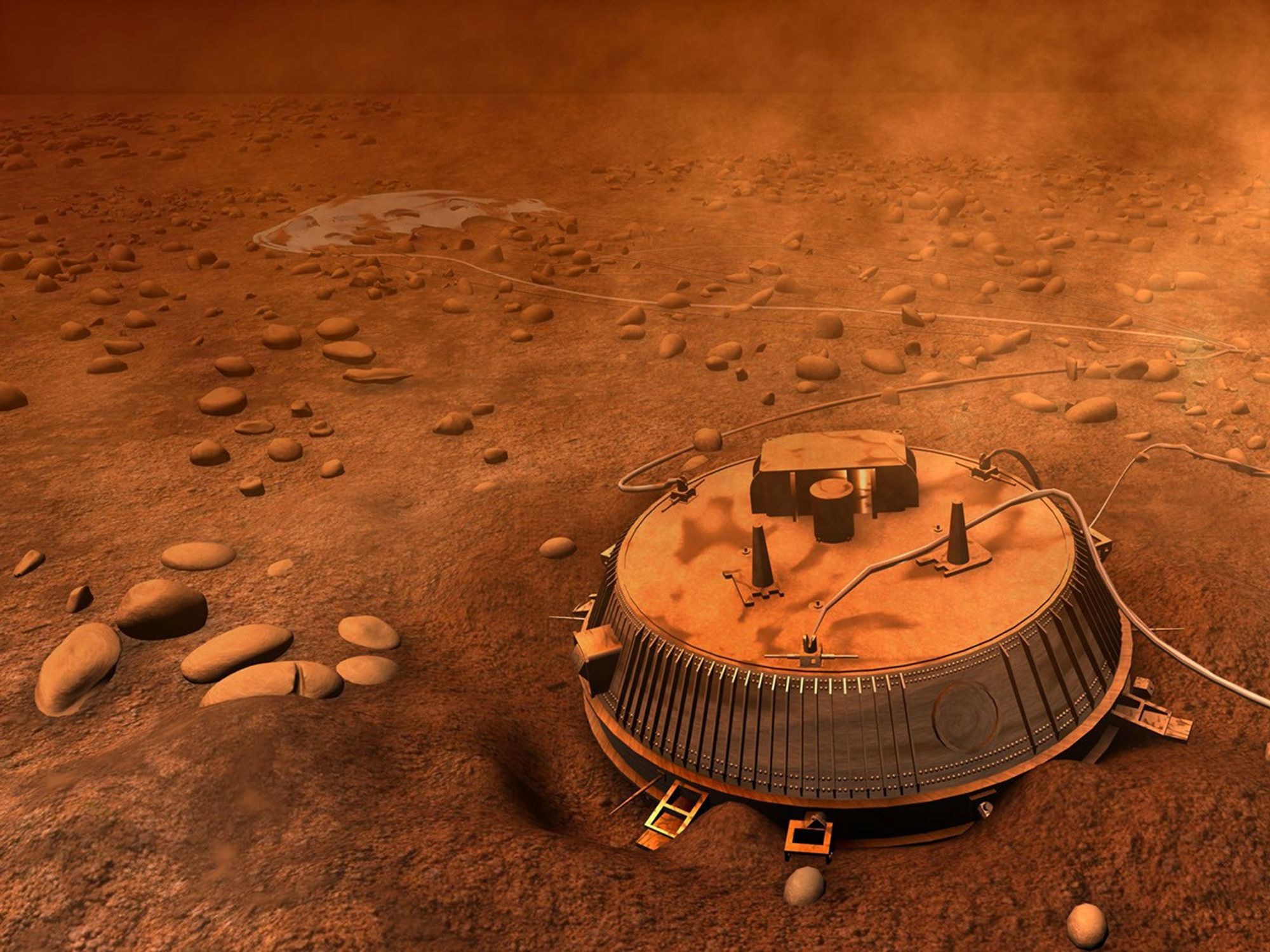 This is an artist's interpretation of the area surrounding Huygens landing site, based on images and data returned Jan. 14, 2005. The Cassini-Huygens mission is a cooperative project of NASA, the European Space Agency and the Italian Space Agency.