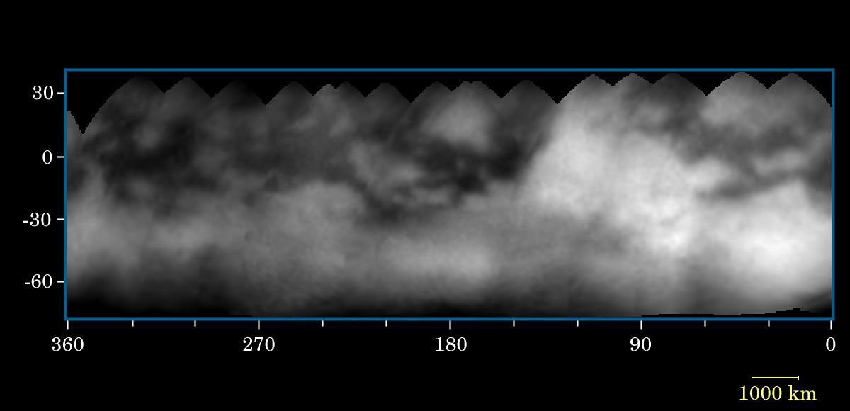 Sixteen Cassini narrow angle camera images were used to produce the surface map shown here. The images from NASA's Cassini spacecraft vary in scale from 88 to 35 kilometers (52 to 21 miles) per pixel.