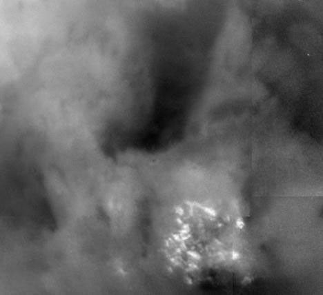 Shown here is a blowup of a region of Titan imaged on July 2, 2004. This image from NASA's Cassini spacecraft was taken at a distance of 339,000 kilometers (210,600 miles) and shows brightness variations on the surface of Titan.